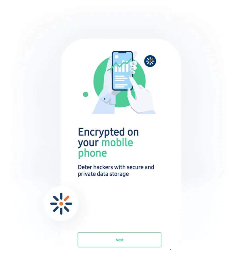 Mobile phone showing secure data protection with shield icon and encrypted financial information