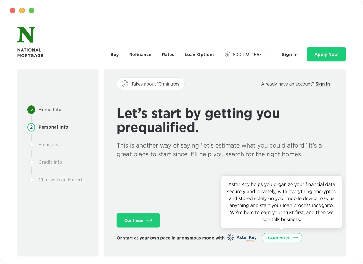 Anonymous loan application interface showing 'Not ready? Start in anonymous mode' option