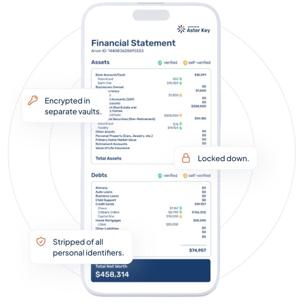 Smartphone displaying secure financial statement creation interface with encryption symbols