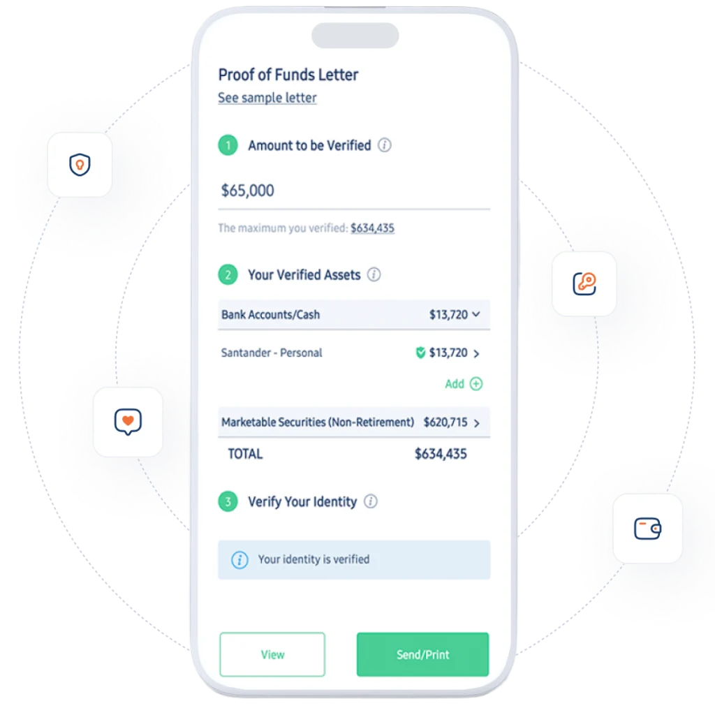 Mobile app showing instant Proof of Funds letter generation with identity verification