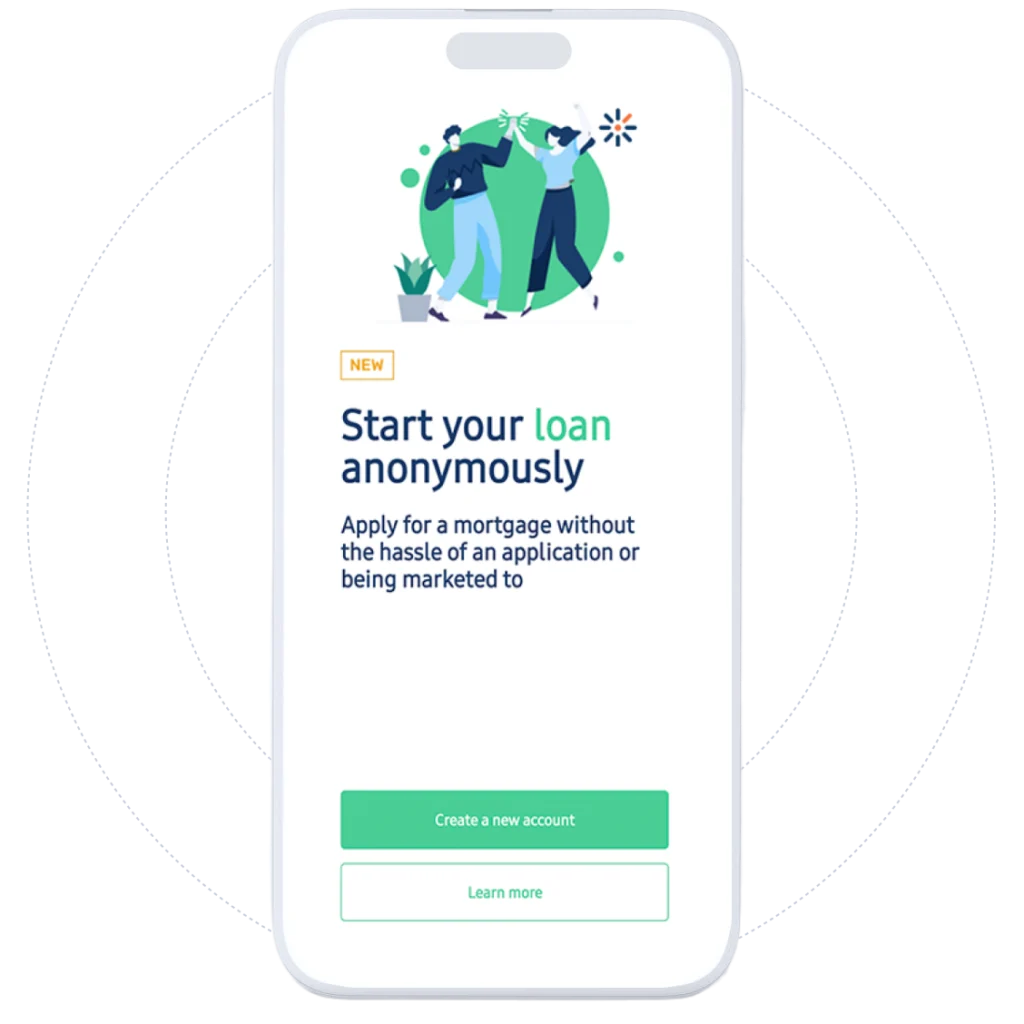 Anonymous loan application start screen with incognito mode privacy features