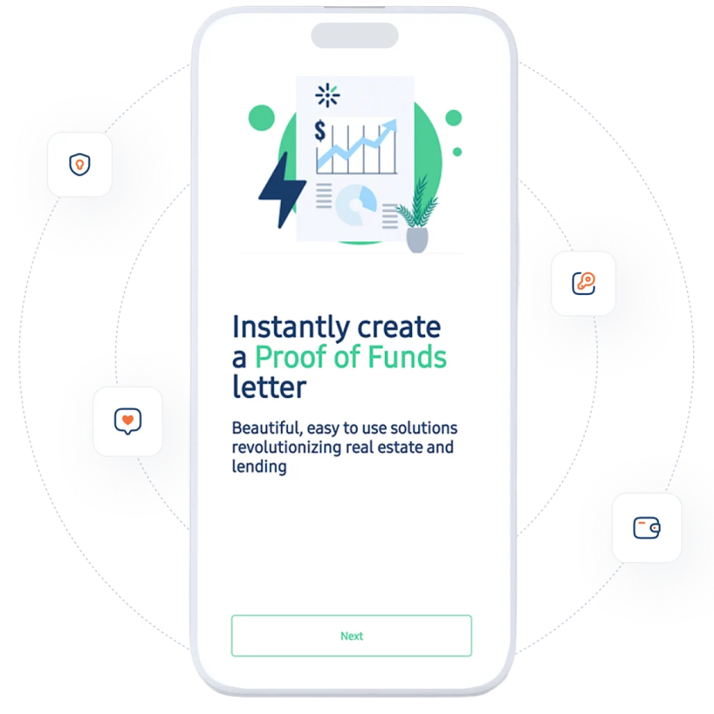 Mobile app interface for generating instant Proof of Funds letter with verification steps