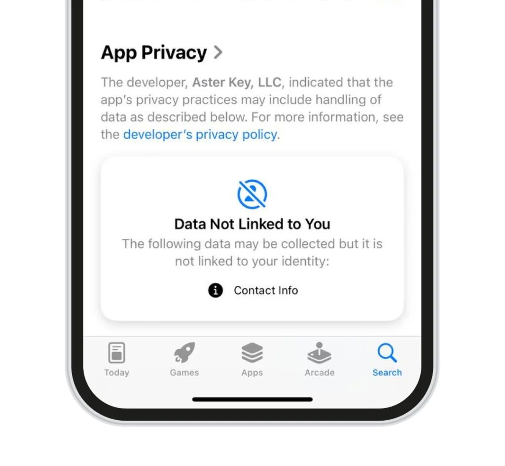 iPhone app store privacy disclosure showing Aster Key's minimal data collection compared to competitors